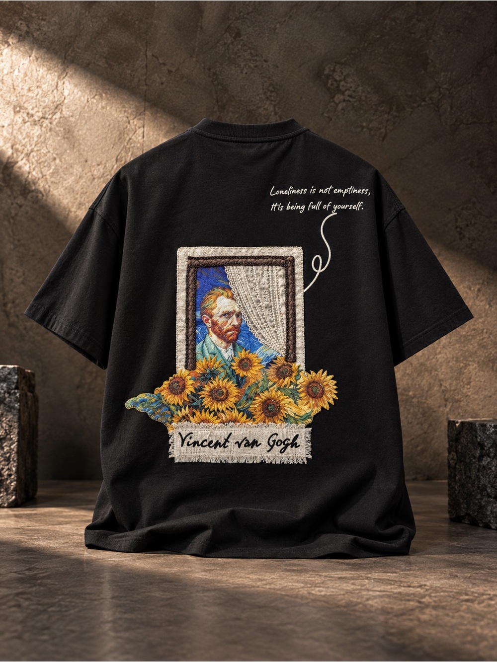 Premium Van Gogh Sunflower Patchwork Tee – 100% Cotton